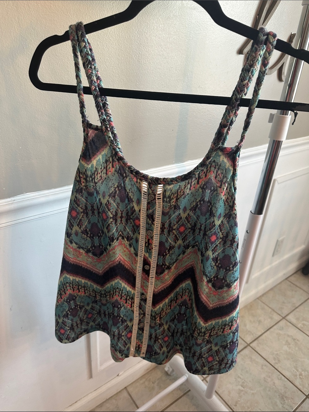 Woven Braided-Strap Printed Tank Top - Teal Multi